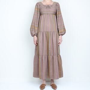 Vintage 1970s Stripe Cotton Long Sleeve Maxi Dress XXS